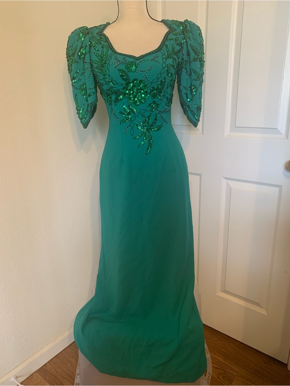 Jovani beaded sequined gown dress vintage 80s prom hoco pageant teal Sz 4 small